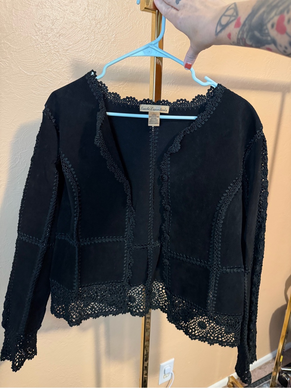 Essentials Black Suede Crochet-Trim Open Jacket